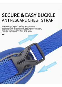 Macro view of the secure safety buckle on a blue reflective and breathable pet harness