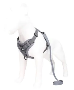 Vue détaillée du harnais gris réfléchissant et respirant pour chien sur mannequin