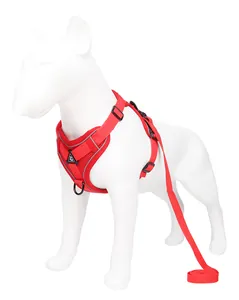 Détail d'un harnais pour chien rouge réfléchissant et respirant avec laisse