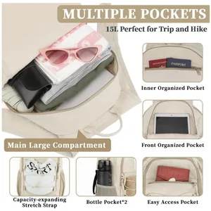 Detailed view of lightweight hiking backpack featuring 15L capacity and organized pockets