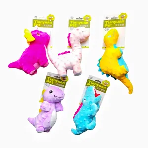 Squeaky plush dinosaur dog toy set, textured fabric for teeth cleaning and chew resistance.
