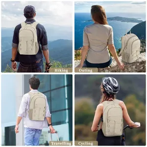 Beige lightweight hiking backpack shown in various outdoor activities like cycling