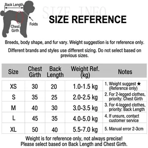 Detailed size chart for pet dog hoodie including chest and back length measurements