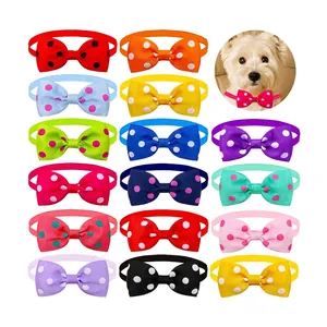 Detailed view of colorful polka dot pet bow tie collars for dogs and cats in variety set