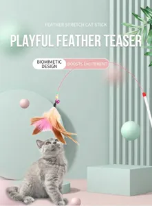 Close-up of interactive feather cat stick toy with bell and elastic steel wire rod