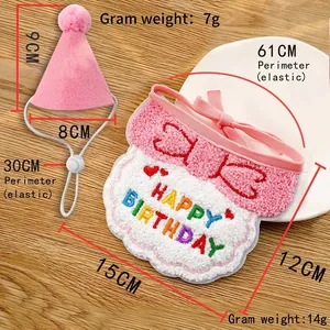 Detailed dimensions and weight of pink pet birthday hat and embroidered bib set