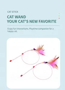 Detail of feather cat teaser stick with bell and elastic wire for interactive play