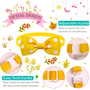 Detail view of yellow polka dot pet bow tie collar with adjustable plastic buckle.