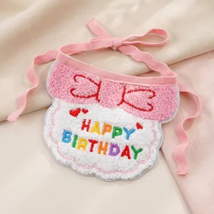 Detailed pink pet birthday embroidery bib with 61cm straps and 15x12cm dimensions