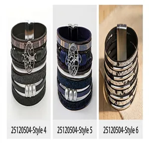 Drei Arten von mehrlagigen PU-Lederarmbändern mit Magnetverschluss und Lebensbaumanhänger