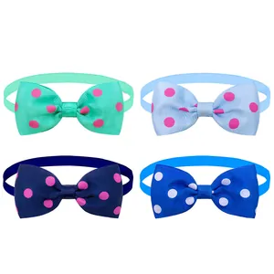 Polka dot pet bow tie collars set in mint, light blue, navy, and bright blue shades