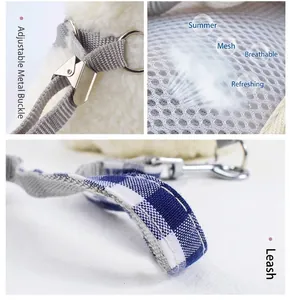 Primer plano del arnés de malla transpirable para mascotas con hebilla metálica ajustable.