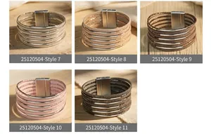 Detailansicht mehrlagiger PU-Lederarmbänder mit Magnetverschluss in fünf Farben