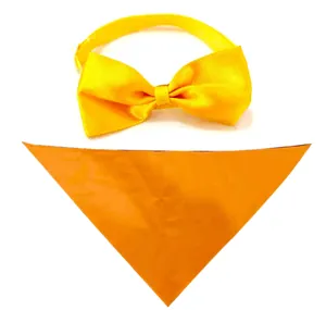 Bright yellow pet bow tie and orange triangular bandana accessories set for dogs