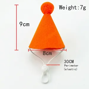 Detailed dimensions of the orange felt pet party hat with elastic strap