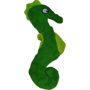 Detailansicht eines grünen Plüsch-Seepferdchen-Spielzeugs für Hunde mit Squeaker-Funktion.