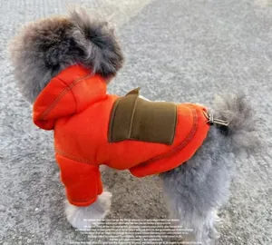 Detailed rear view of an orange dog hoodie featuring a stylish brown cargo pocket and toggle.