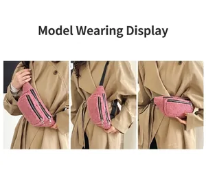 Detailed shots of a model wearing a pink fuzzy sherpa crossbody chest bag over a coat