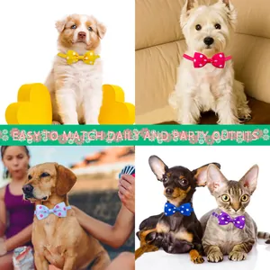 Four-panel view of colorful polka dot pet bow ties worn by various dogs and a cat