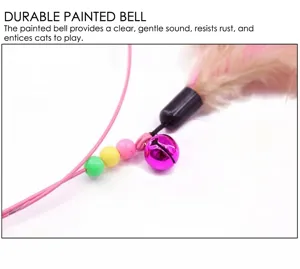 Detail view of pink bell and colorful beads on a durable feather cat teaser wand