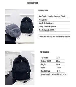Größentabelle und Details des Cord-Rucksacks mit Maßen 22x25x36cm und Materialinformationen