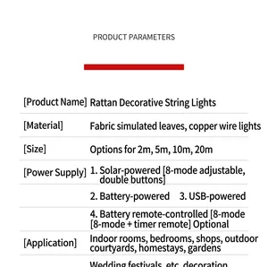 Spezifikationen der Solar-LED-Efeugirlande für den Außenbereich und Garten-Dekoration