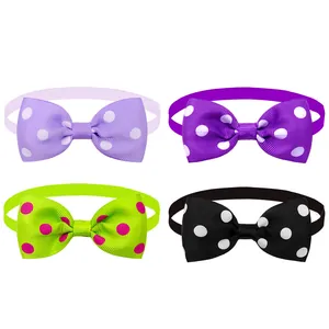 Set of four colorful polka dot bow tie collars for pets including dogs and cats