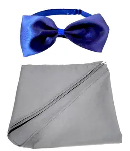 Detailed close-up view of a navy blue pet bowtie and a grey solid cotton bandana set