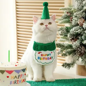 White cat wearing a green birthday hat and bib with Happy Birthday embroidery