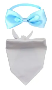 Detailed view of adjustable light blue pet bowtie and white solid cotton bandana set