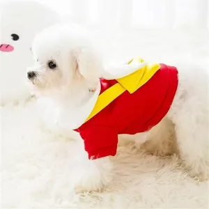 Warm red pet school hoodie for small dogs featuring yellow backpack design details
