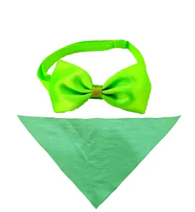 Neon lime green solid color pet bowtie and triangular bandana set for dogs and cats