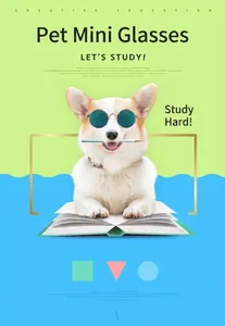 Adorabile Corgi con occhiali da sole verdi rotondi per animali e matita, vista dettaglio