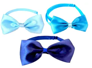 Detail showing three shades of blue satin pet bow ties with adjustable neck straps