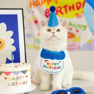 Close-up of white cat wearing blue birthday hat and embroidered bib at a party