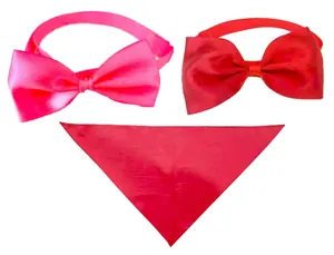 Set of solid red and pink pet bow ties with a matching cotton triangle bandana accessory