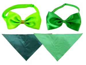 Detailed view of the four-piece green pet accessory set with bow ties and cotton bandanas