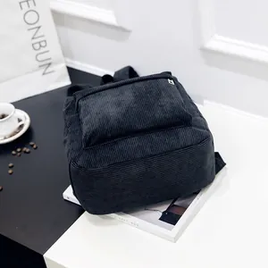 Lässiger schwarzer Cord-Rucksack für Damen, stilvolle Studenten-Schultasche mit Vordertasche