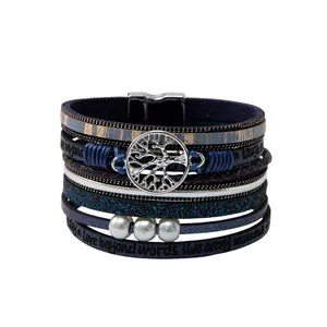 Böhmisches mehrlagiges PU-Lederarmband mit Lebensbaum-Anhänger und Magnetverschluss
