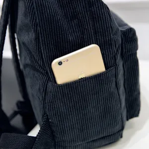 Vielseitiger schwarzer Cord-Rucksack für Damen, modisches und praktisches Schulranzen-Design