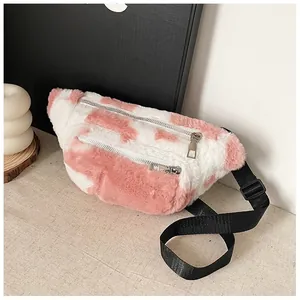 Cute pink and white cow pattern plush fanny pack for women with dual zipper pockets