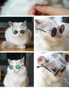 Collage dettagliato di un gatto che indossa vari occhiali da sole tondi mini per animali.
