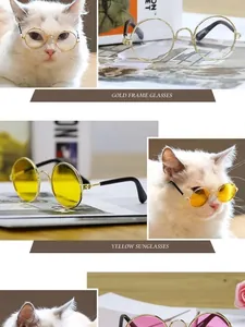 Occhiali da sole di moda in miniatura per animali, montatura dorata e lenti gialle.