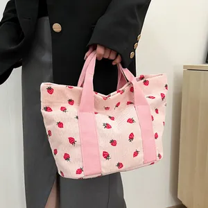 Women's Corduroy Strawberry Print Tote Bag Large Capacity Casual Shoulder Bag Sweet Handbag For Daily Shopping Commuting