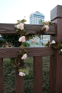 Nahaufnahme von rosa Rosen und grünen Blättern an einer LED-Lichterkette für den Garten.
