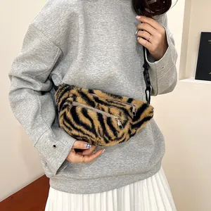 Trendy plush tiger print chest bag for women, cute faux fur crossbody bag for daily use.