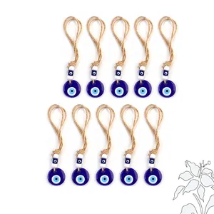 Decorazioni sospese tradizionali turche Evil Eye in vetro blu con corda di iuta, set da 10.