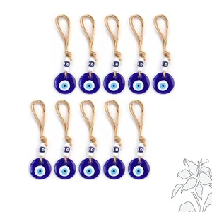 Set di 10 ciondoli turchi occhio del male in vetro blu con corde di iuta rustica