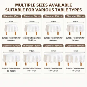 White round ruffled tablecloth guide with multiple size options for dining tables