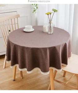 Runde braune Tischdecke in Leinenoptik mit eleganter Spitze für das Esszimmer